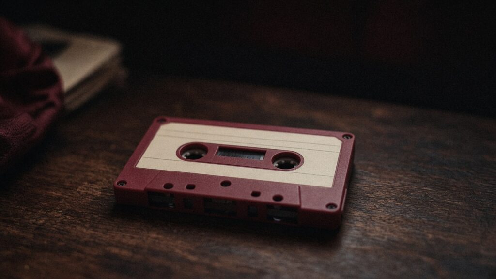 Cassette sobre una mesa oscura, luz baja.