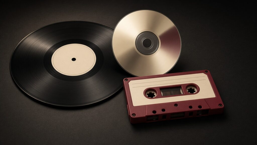 Vinilo, CD y cassette juntos sobre una superficie oscura.