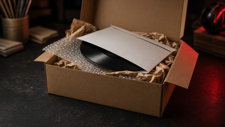 Caja de envío con un disco protegido, lista para despachar.