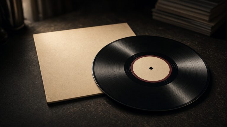 Vinilo negro y tapa sobre una mesa oscura.